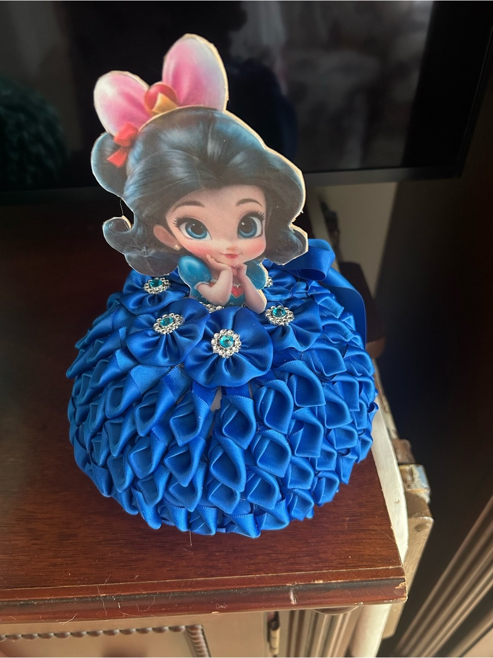 Blue Satin Flower Girl Dress Topper with Cute Character
